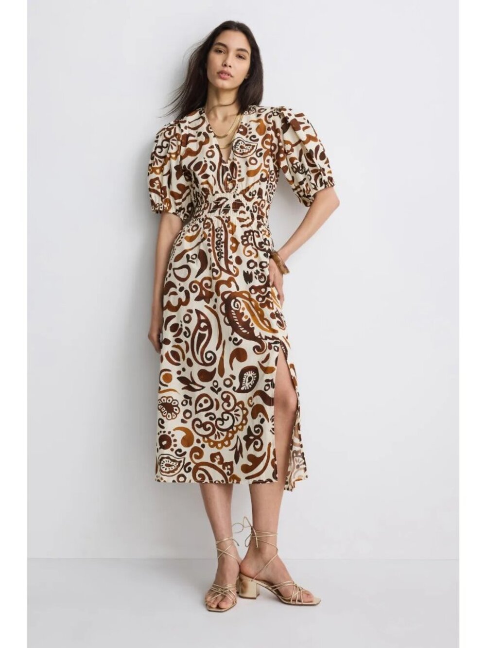 Fifteen Twenty Size L Poppy Shirred Waist Midi Dress Abstract Print Puff Sleeve